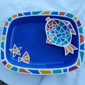 Clay art serving Bowl tray and fish dip tray Aegean Mosaic fish hand-painted